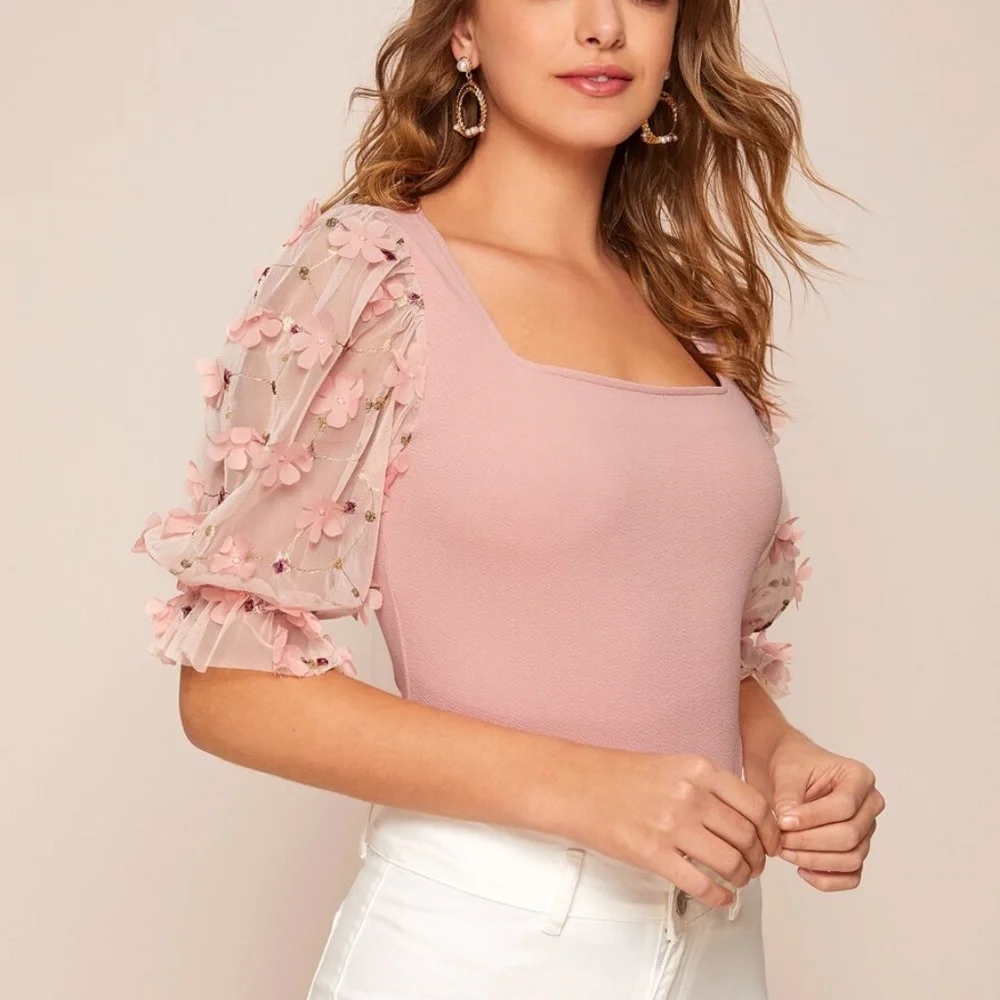 021 boho pink floral detail sheer Puff sleeve ruffle top - Picture 4 of 4
